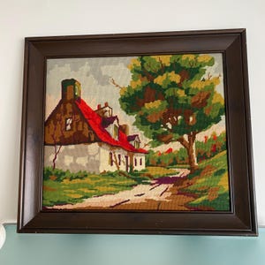 Vintage Cottage Tree Needlepoint Wood Frame Cottage Scene Decor Needlepoint Home Decor needle point