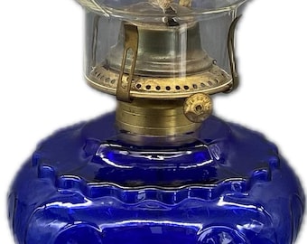 Antique Cobalt Blue Glass Oil Lamp: Princess Feather Pattern, 1900s Victor No 2