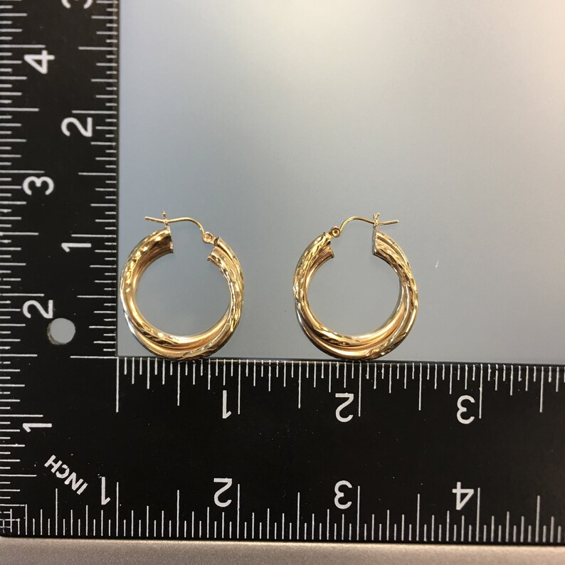 Cross Over Double Loop Gold Earrings Hoop Earrings Estate 10k Yellow Gold Round Double Loop Diamond Cut Hoops Earrings Design Double Loop