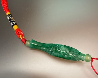 Jade Carved Car Charm Hanging Chinese Tassel Red Cord Jade Key Chain Charm Green Jade Purse Charm, Lucky Charm, Chinese Feng Shui Amulet
