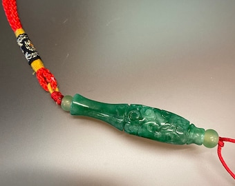 Jade Carved Lucky Charm Hanging Chinese Tassel Red Cord Jade Key Chain Charm Green Jade Purse Charm, Car Charm, Chinese Feng Shui Amulet