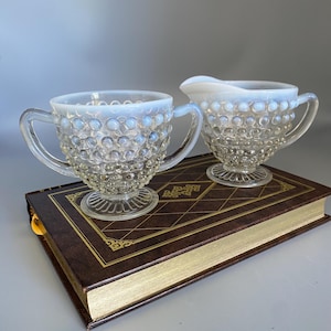 Vintage Moonstone by Anchor Hocking or Fenton Glass Opalescent Hobnail Creamer & Open Sugar Bowl