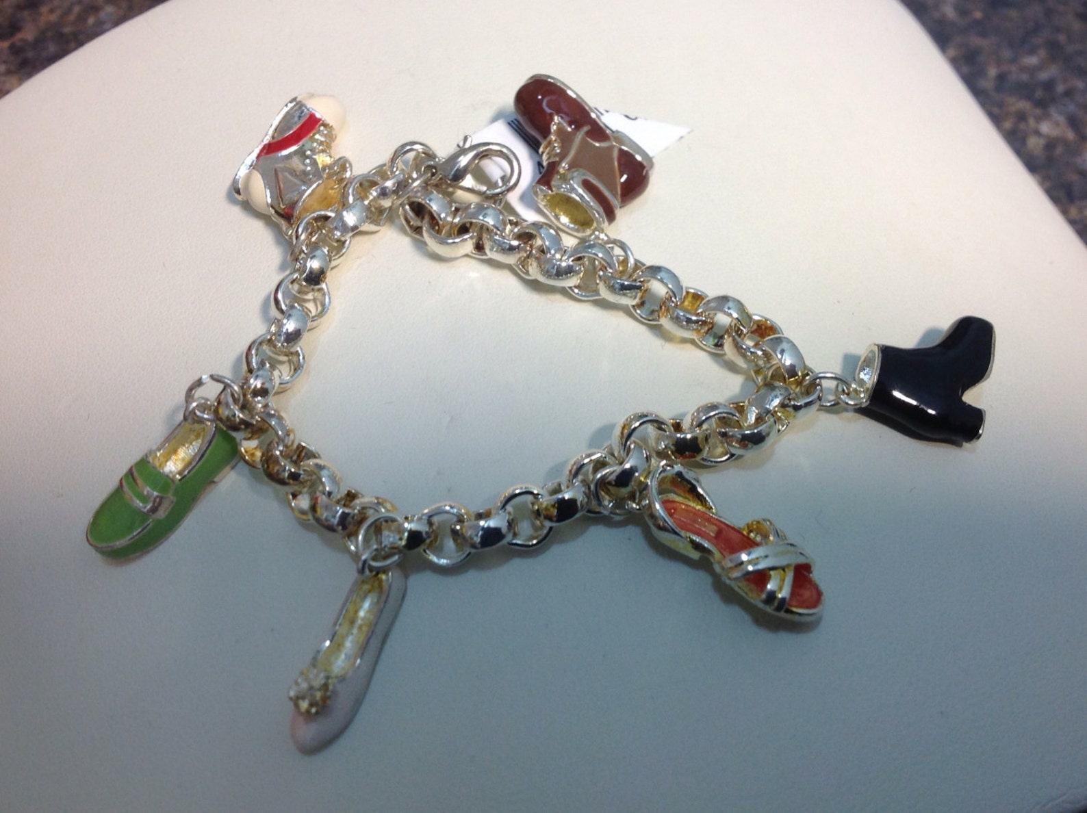 3d , 6 shoe charms , with enamel ,bracelet, ballet shoe, boots, sandal, runner