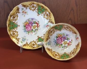 Vintage Grosvenor Balmoral Teacup and Saucer: Green Floral Bone China