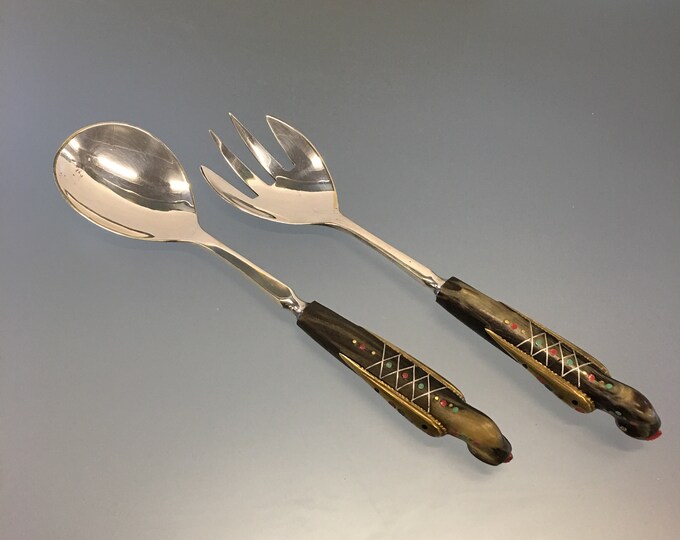 Vintage Haddad Jezzine Horn and Bone Inlaid Salad Serving Set, Carved Bird & Inlay Handles 1940s