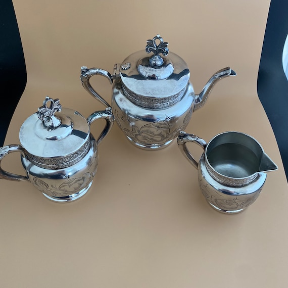 Victorian Silver Plated Tea Set, J A Babcock, Etched Floral Design