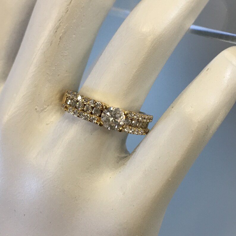 Stackable Rings Gold CZ Wedding Band Wedding Band Triple Line CZ \u2018s Gold Ring Vintage Semi Eternity Engagement Ring in 10k Yellow Gold