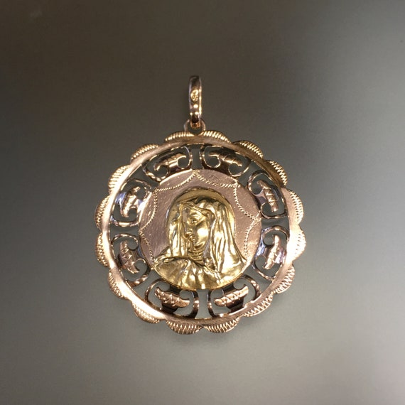 Retro 18k Madonna Pendant, Large Gold Virgin Mary