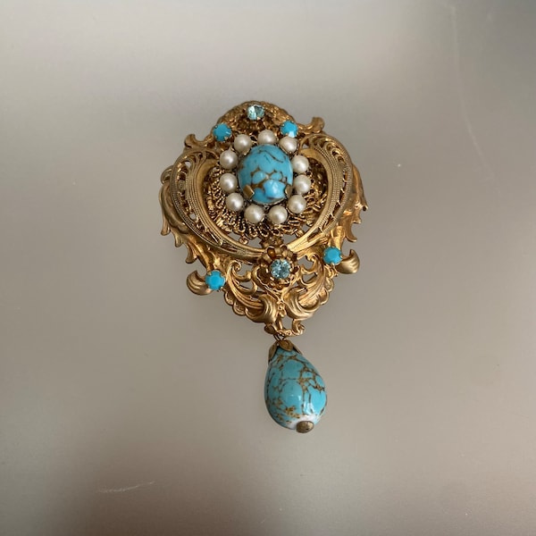 Vintage WESTERN GERMANY BROOCH Gilt Brass Filigree Faux Turquoise Dangle Pin Brooch Faux Turquoise 60s Jewellery German Hubbell Glass Brooch