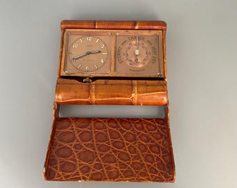 Art Deco Ahrens Lucerne Table Clock & Barometer in Crocodile Leather Case