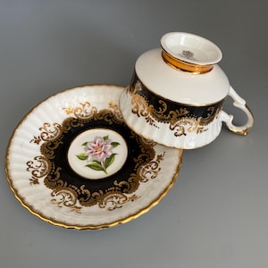 Vintage PARAGON By Appointment Her Majesty the Queen Black Gold Floral Bone China Teacup and Saucer