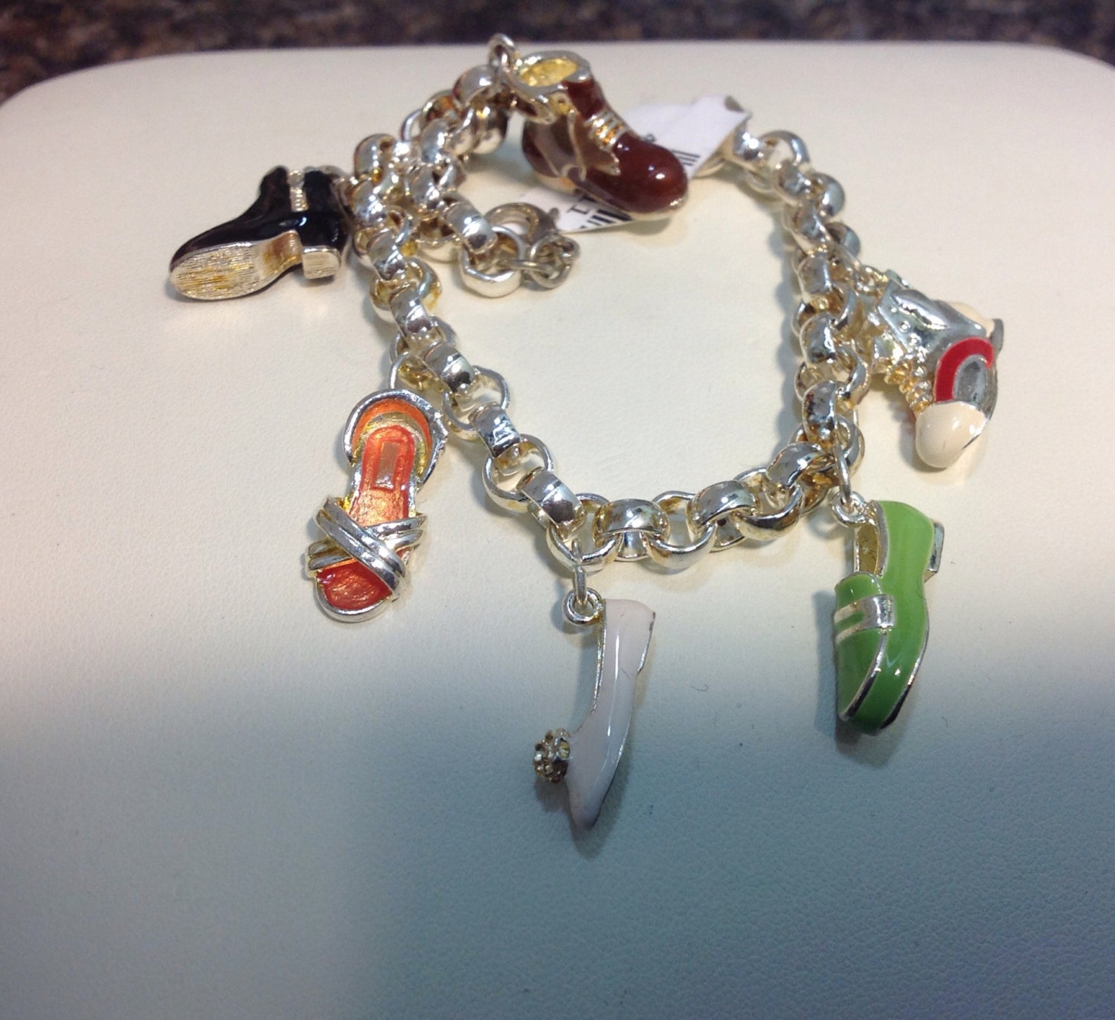 3d , 6 shoe charms , with enamel ,bracelet, ballet shoe, boots, sandal, runner