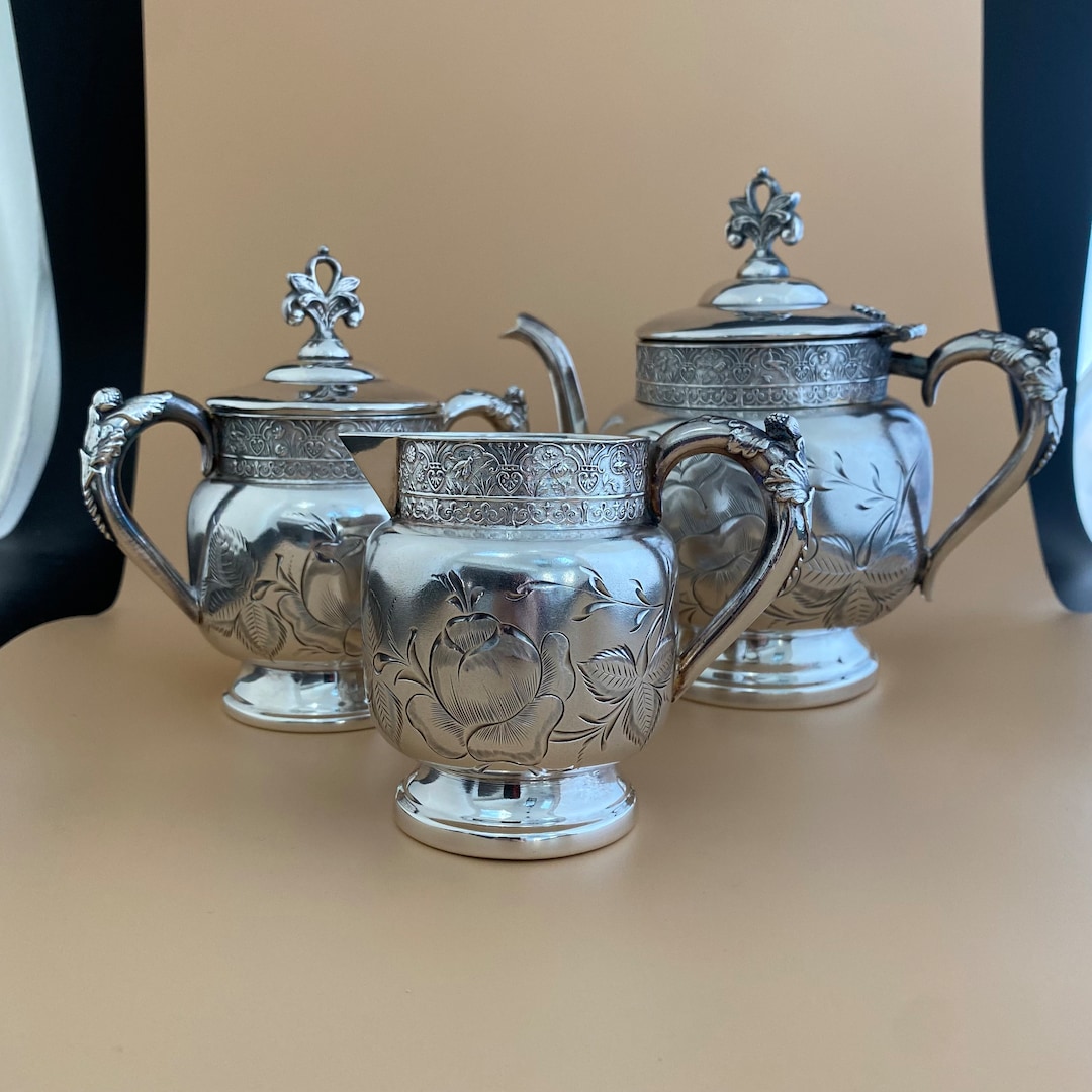 Victorian Silver Plated Tea Set, J A Babcock, Etched Floral Design