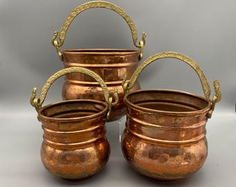 Vintage Hand Crafted Copper & Brass Swing Handle Bucket Planters Set of Three Handmade Plant Holder Rustic Home Decor Kitchen Decor Dovetail