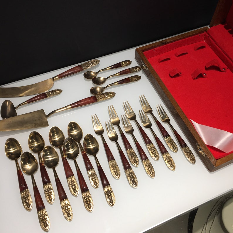 Ruen Thailand Quan Yin Boxed Set Brass /& Rosewood Cutlery 22pc Brass Wood Handle Flatware Dessert Serving Spoons Thailand Utensils