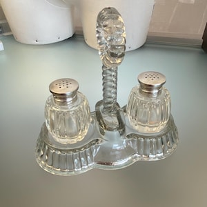 Vintage Salt and Pepper Shakers w Tray Cut Crystal Made in Japan