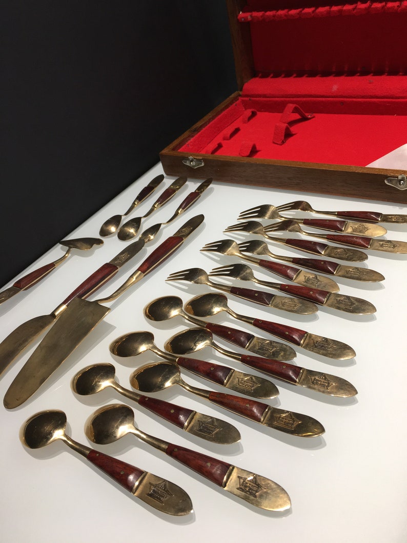 Ruen Thailand Quan Yin Boxed Set Brass /& Rosewood Cutlery 22pc Brass Wood Handle Flatware Dessert Serving Spoons Thailand Utensils