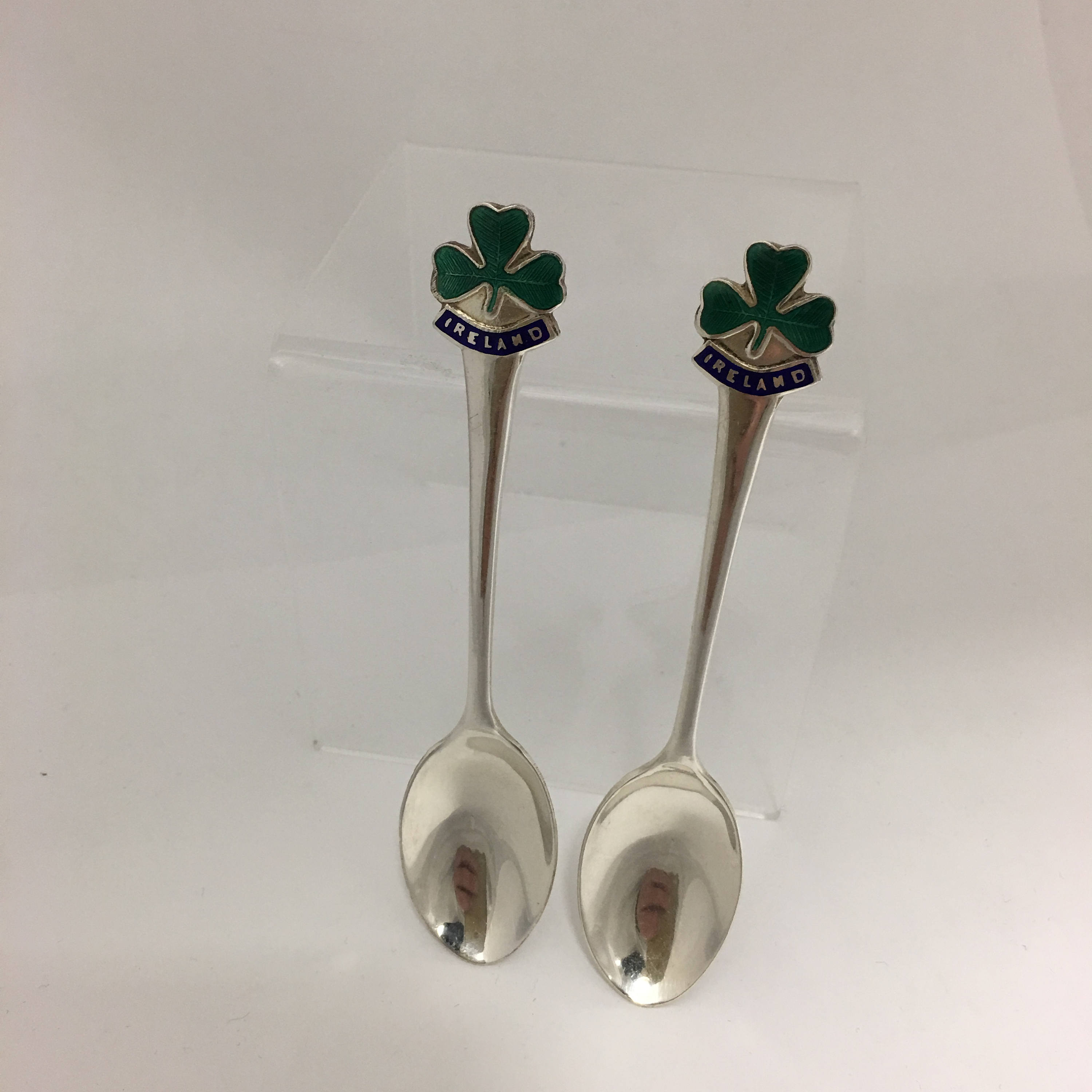 Ireland Souvenir Spoons, Pair of Enamel Green Clover Ireland