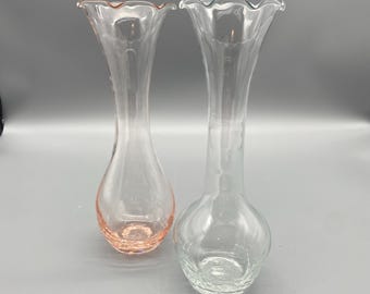 Pair of White and Pink Crackle Glass Ruffled Bud Vases Cottage Style Home Décor