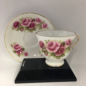 Queen Anne Pink and Red Roses Tea Cup and Saucer Vintage Fine Bone China Made in England, Pattern No 8679
