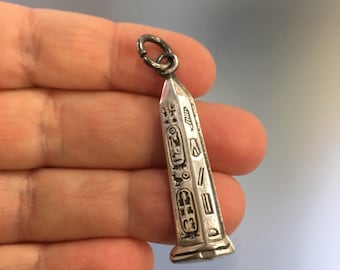 Sterling Silver Egyptian Obelisk Pendant: Hieroglyph Pillar Charm