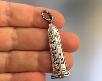 Obelisk Sterling Silver Pendant, Egyptian Pillar Pendant 925, Egyptian Pendant, Egyptian Obelisk, Pyramid  with Hieroglyphs, Keychain