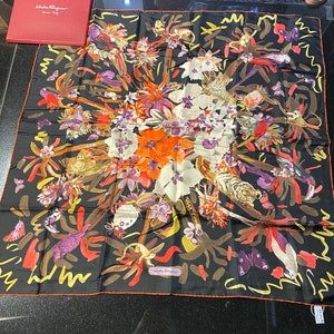 Salvatore Ferragamo Printed Silk Scarf Floral Print with Tigers Monkey Parrots Butterflies Orchids Jungle Theme Silk Scarf  New Box Tags