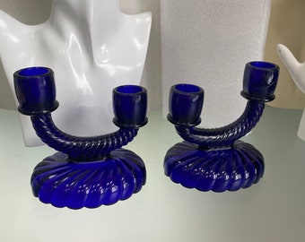 Pair of Imperial Cobalt Blue Glass Candle Holders Pair of Double Candle Holders, Candle Holders, Pressed Glass