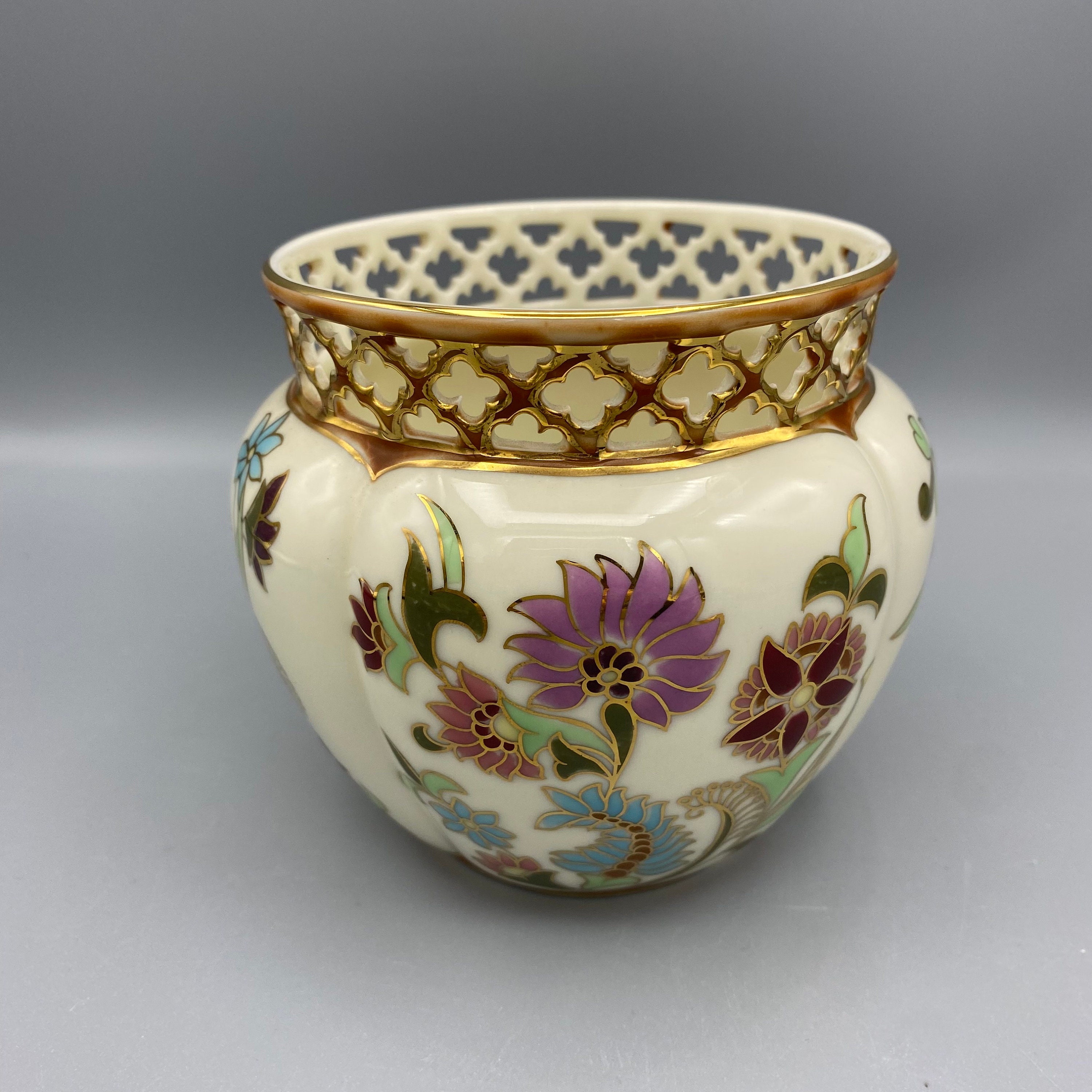 Vintage Zsolnay Hungary Floral Hand Painted Vase Pierced Reticulated  Cachepot w Floral Design Gold Trim Butterfly Flower Décor Porcelain