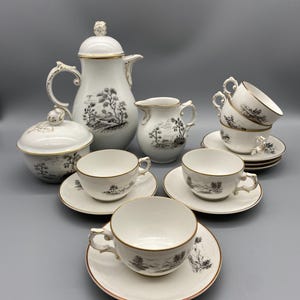 FURSTENBERG China Rose Finial Tea Set Coffee Service Pot Creamer Sugar Bowl 6 Cups Old Brunswick Germany Porcelain Grey Miniature Tea Set