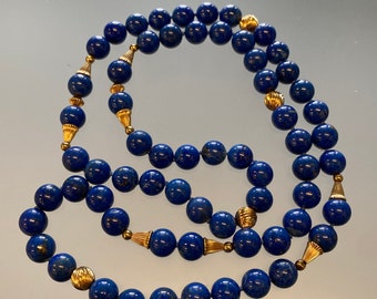Vintage 14K Gold Lapis Lazuli Bead Necklace, Italy 1980s