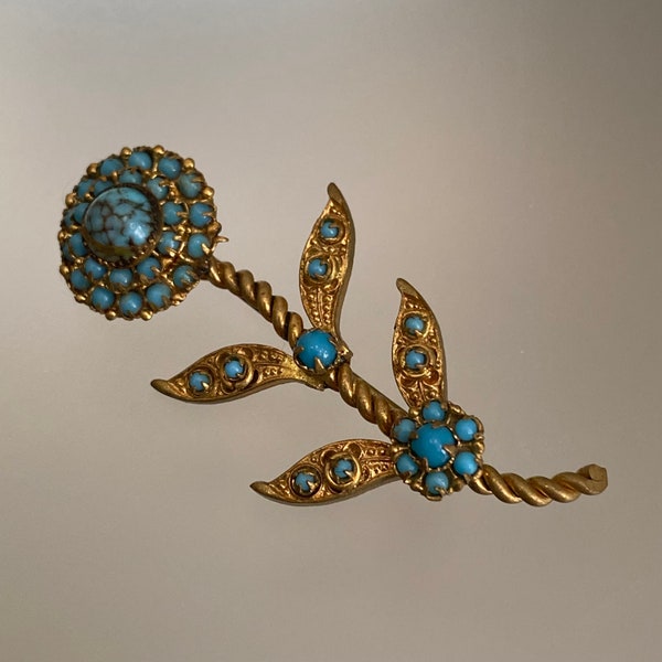 Vintage Brooch Faux Turquoise Floral Design Brooch, Flower Power, 60s Jewellery Stemmed Flower, Vintage Germany Hubbell Glass Pin