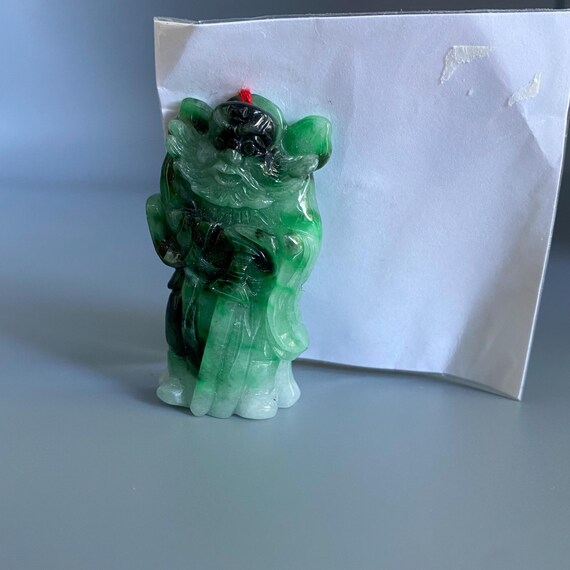 Vintage Zhong Kui Jadeite Pendant: Chinese Deity, Sword Carved