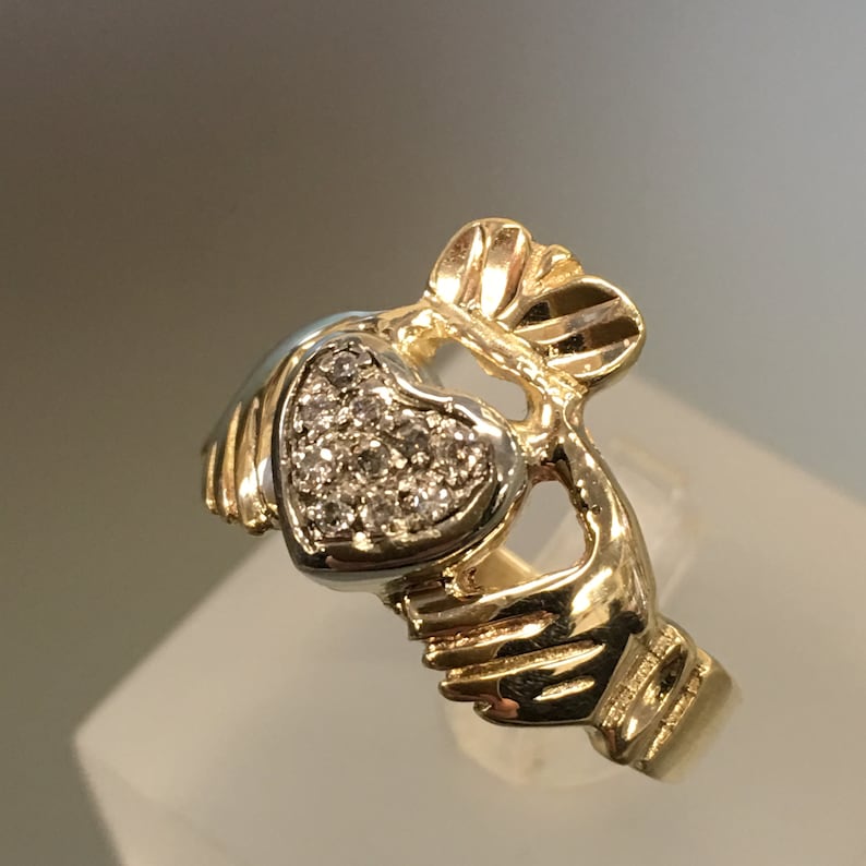 Friendship Ring Crown Ring Loyalty Diamond Set Heart Vintage Claddagh Ring 10k Gold and Diamonds Traditional Irish Wedding Ring