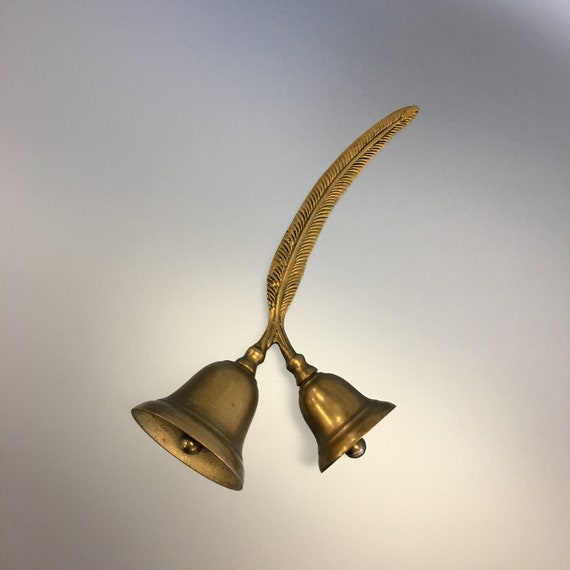 Vintage Brass Double Bell Feather Handle Solid Brass Bells Etsy