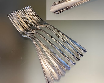 Vintage Vista Silverplate Dinner Forks, Wm A Rogers, Art Deco Floral, Set of 8