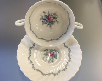 Royal Doulton Chelsea Rose Pattern, Cream soup Bowl and Saucer Set H4801, Grey Scroll Ring Floral Center and Scalloped Edge, English China,