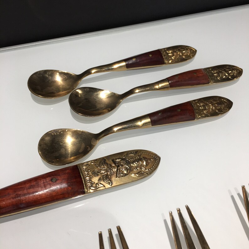 Ruen Thailand Quan Yin Boxed Set Brass /& Rosewood Cutlery 22pc Brass Wood Handle Flatware Dessert Serving Spoons Thailand Utensils