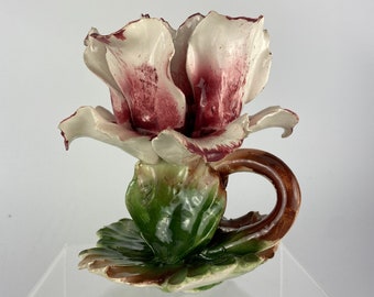 Vintage Capodimonte Italy Floral Candle Holder Porcelain Tulip Italian Capodimonte Biscuit Porcelain Rose Flower Candleholder
