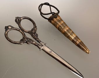 Vintage Sterling Silver Art Nouveau Embroidery Scissors: Griffon Floral Shears with Sheath
