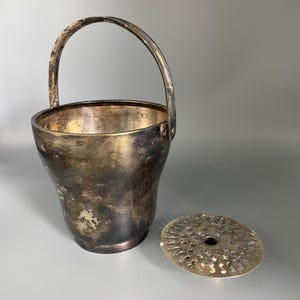 Vintage Silver Plated Ice Bucket w Swing Handle Cocktail Ice Bucket Wine Bottle Bucket w Ice Trap Art Deco Modern Vintage Patina