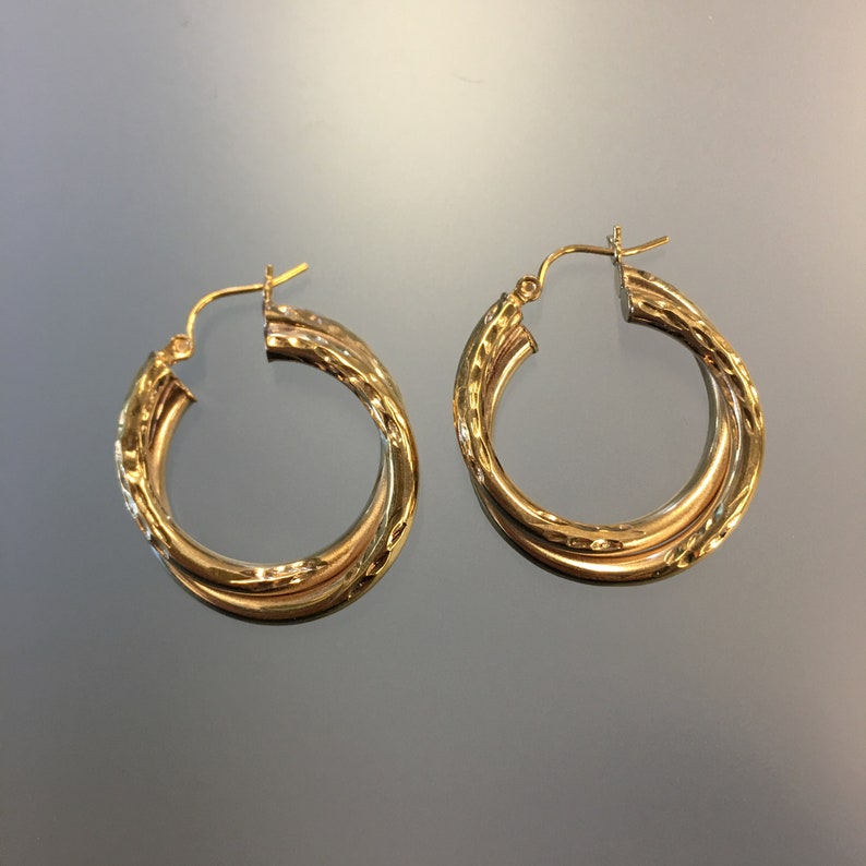 Cross Over Double Loop Gold Earrings Hoop Earrings Estate 10k Yellow Gold Round Double Loop Diamond Cut Hoops Earrings Design Double Loop