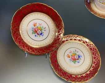 Aynsley Coventry Burgundy Bread Plates (Set of 2): Floral Bouquet & Gold Trim