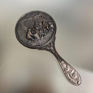 Art Nouveau Silver Plate Repousse Small Beveled Hand Purse Mirror Denmark Hallmarks
