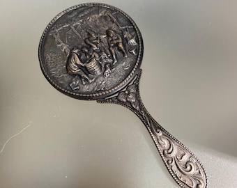Art Nouveau Silver Plate Repousse Small Beveled Hand Purse Mirror Denmark Hallmarks