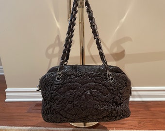CHANEL Ruched Lambskin Bag Astrakhan Chanel Brown Lambskin Leather Astrakhan Bowler Bag, CHANEL Purse