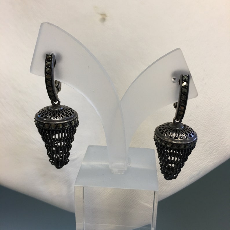 Beehive Dangle Earrings Art Deco Earrings Swirl Dangle Silver Openwork Design Art Deco Swirl Dangle Earring 935 Silver with Marcasites