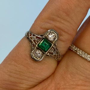 Antique Art Deco Emerald Diamond Ring: 18k White Gold Edwardian Jewelry