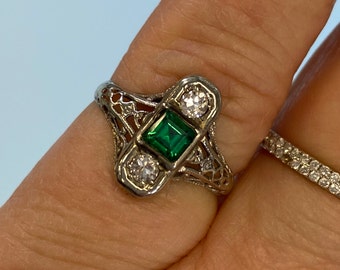 Antique Art Deco Emerald Diamond Ring: 18k White Gold Edwardian Jewelry