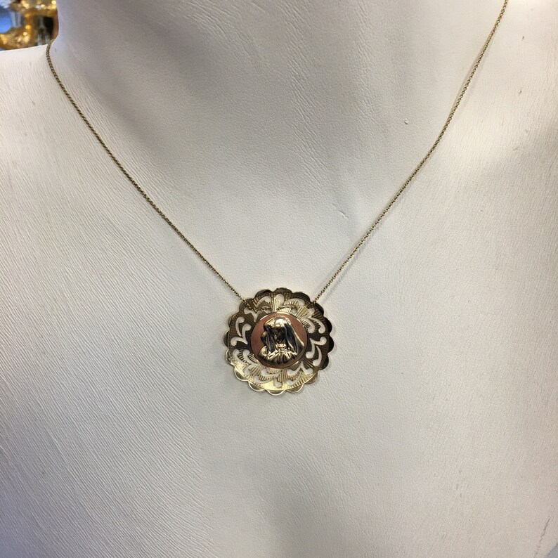 Virgin Mary Pendant 10k Gold NADENE,Madonna Pendant Yellow Gold Vintage Religious Pendant Our Lady of Lourdes Pendant
